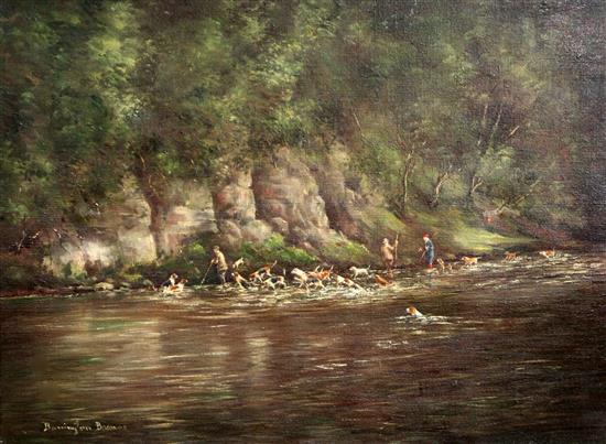 § William Ellis Barrington Browne (1908-1985) Otter hounds on the River Wye 18 x 24in.